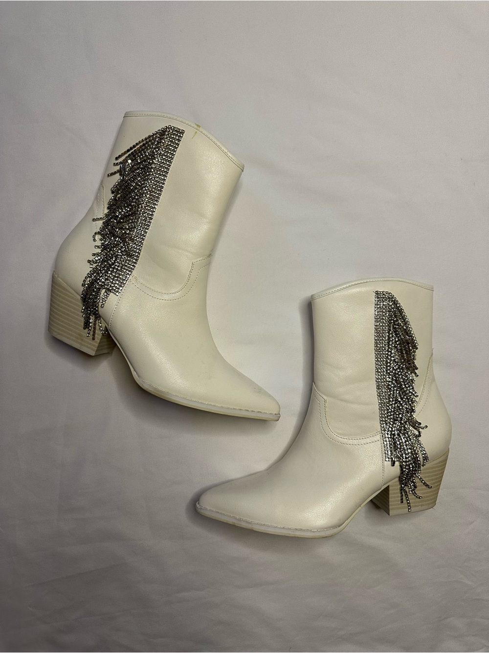 Altar’d State white pointed-toe ankle boots with silver rhinestone fringe detail